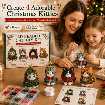 🎄 3D Beaded Christmas Cat DIY Craft Kit Set of 4 Handmade Ornaments 🐱