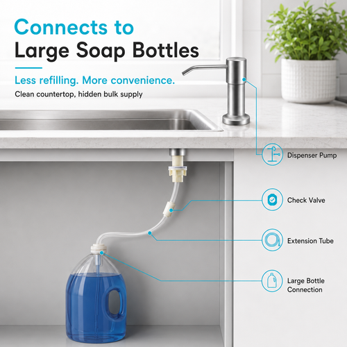 Large Bottle Sink Soap Dispenser Kit – 360° Swivel Stainless Steel Pump with 47-Inch Extension Tube