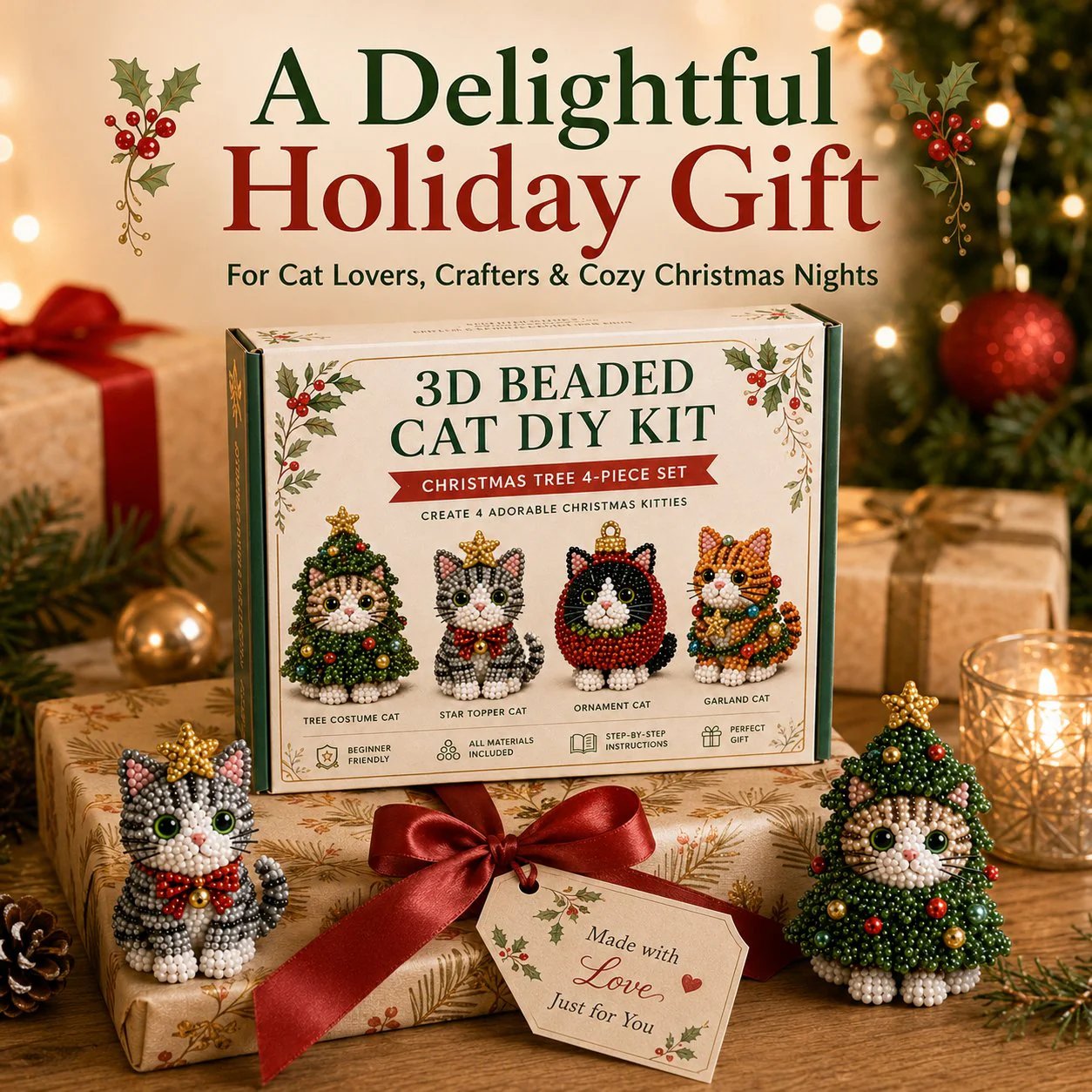 🎄 3D Beaded Christmas Cat DIY Craft Kit Set of 4 Handmade Ornaments 🐱