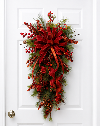 Velvet Berry Fall Door Swag Wreath – Elegant Teardrop Christmas Front Door Decoration