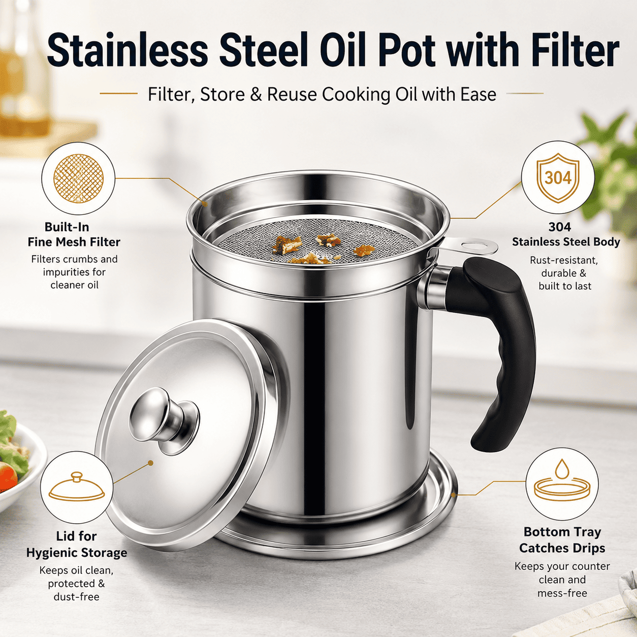 304 Stainless Steel Kitchen Oil Storage Canister with Mesh Strainer