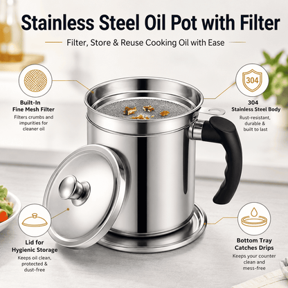 304 Stainless Steel Kitchen Oil Storage Canister with Mesh Strainer