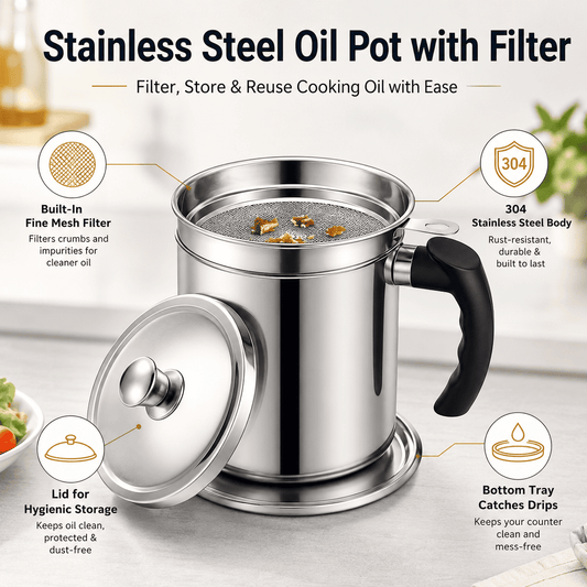 304 Stainless Steel Kitchen Oil Storage Canister with Mesh Strainer