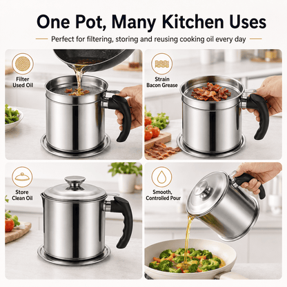 304 Stainless Steel Kitchen Oil Storage Canister with Mesh Strainer