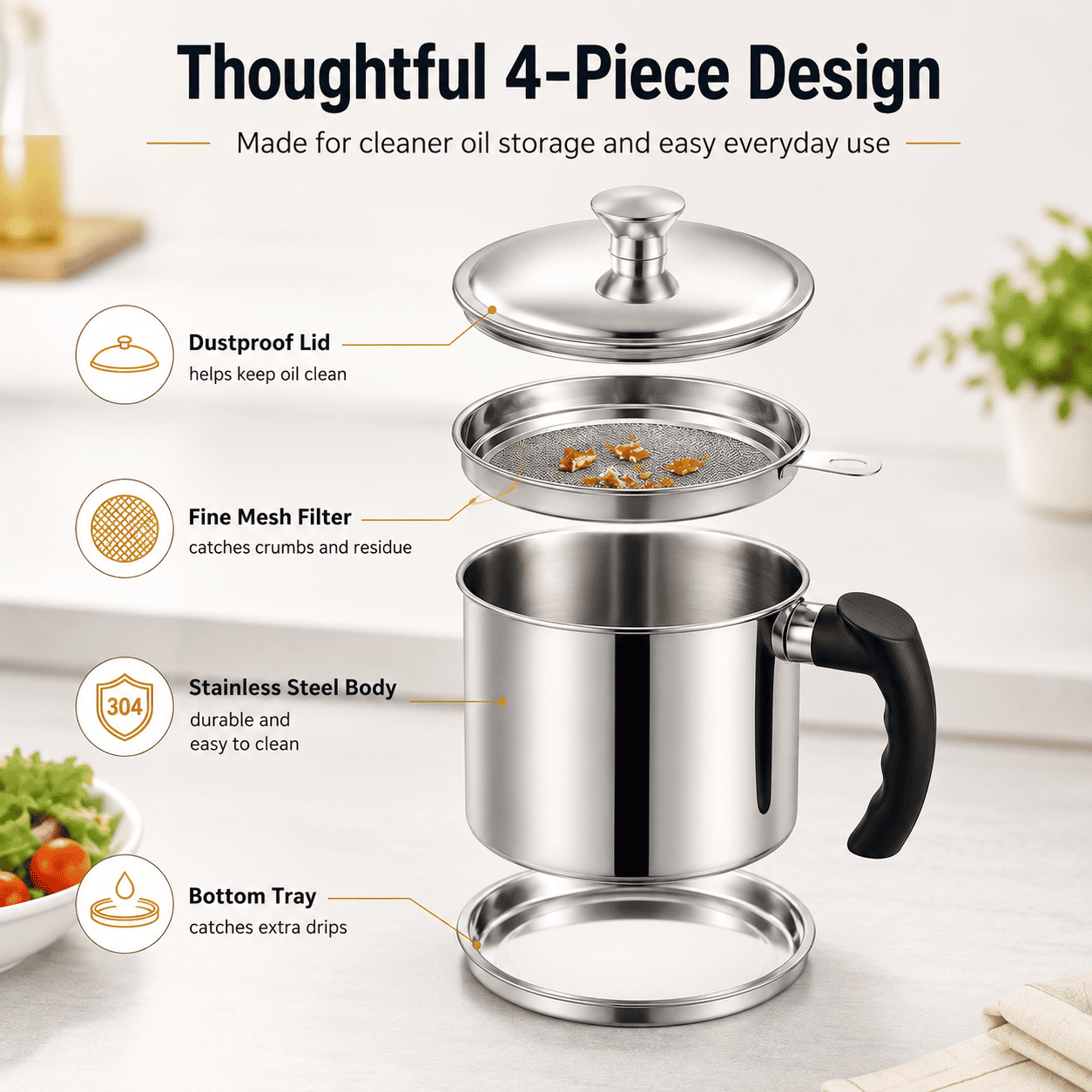 304 Stainless Steel Kitchen Oil Storage Canister with Mesh Strainer