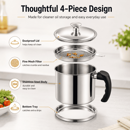 304 Stainless Steel Kitchen Oil Storage Canister with Mesh Strainer