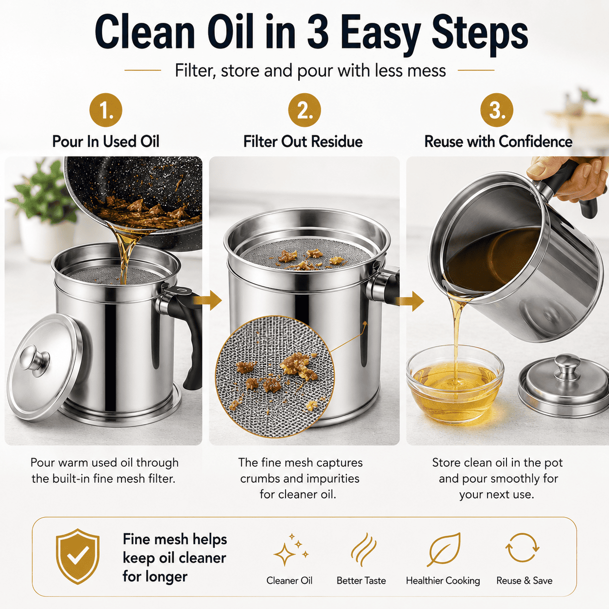 304 Stainless Steel Kitchen Oil Storage Canister with Mesh Strainer