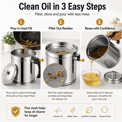 304 Stainless Steel Kitchen Oil Storage Canister with Mesh Strainer